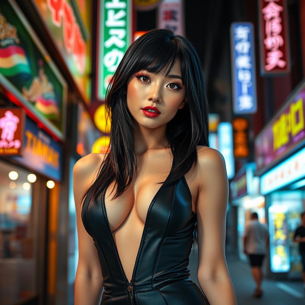 A seductive Japanese woman with sleek black hair, wearing an elegant and revealing outfit that accentuates her curves