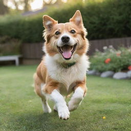 A joyful, playful dog with shiny fur and bright, expressive eyes, gleefully bounding across a well-maintained backyard garden.