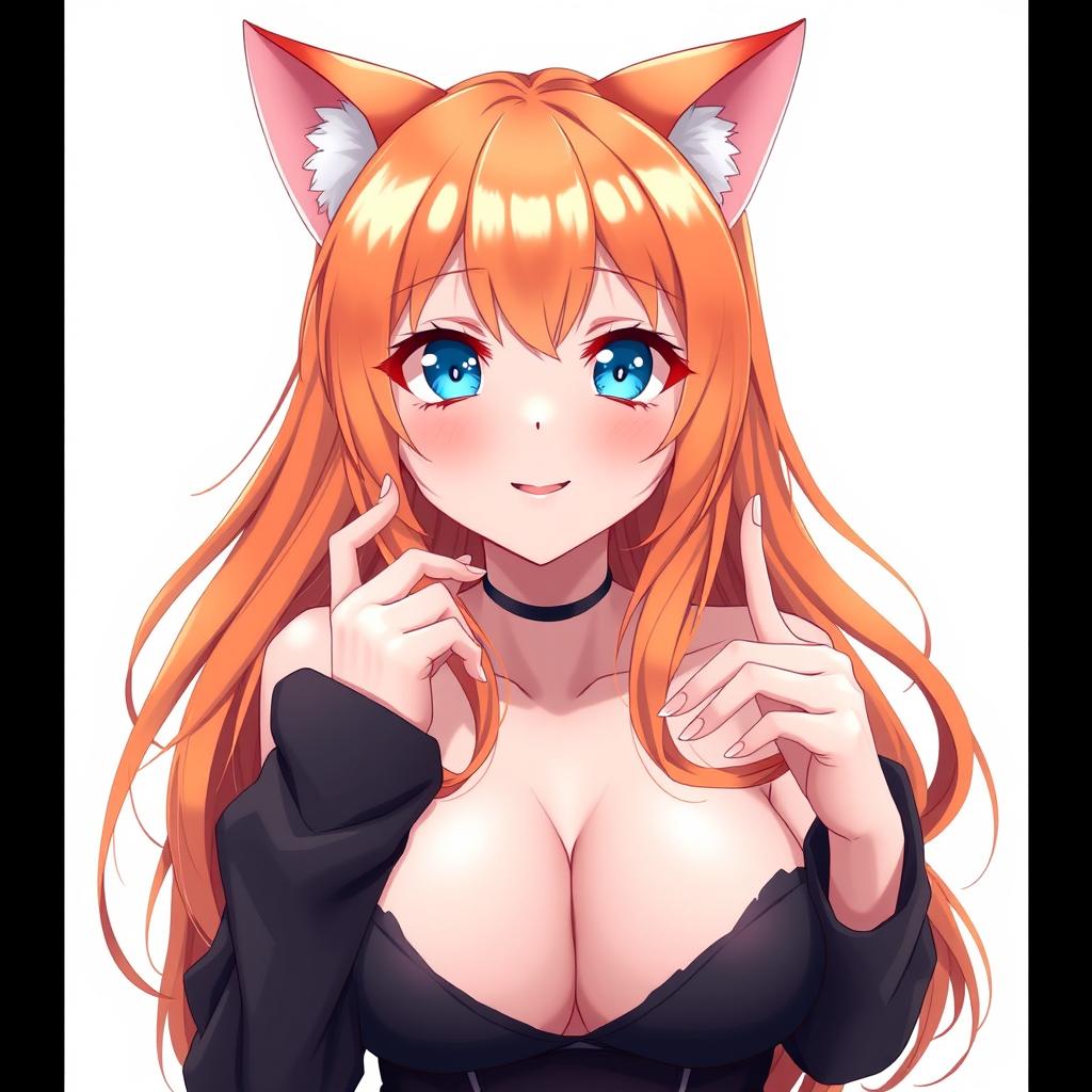 A sexy adult anime girl with striking blue eyes and vibrant orange hair, adorned with cute cat ears