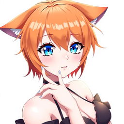 A sexy adult anime girl with striking blue eyes and vibrant orange hair, adorned with cute cat ears