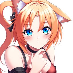 A sexy adult anime girl with striking blue eyes and vibrant orange hair, adorned with cute cat ears