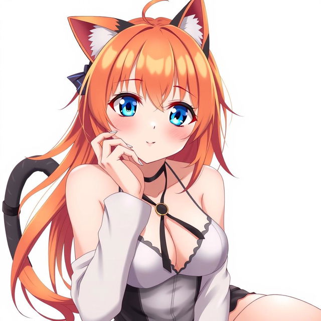 A sexy adult anime girl with striking blue eyes and vibrant orange hair, adorned with cute cat ears