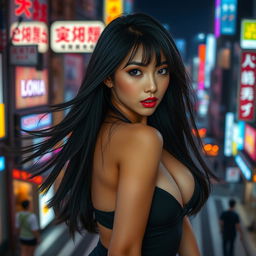 A seductive Japanese woman with long, flowing black hair, dressed in stylish, form-fitting attire that enhances her figure