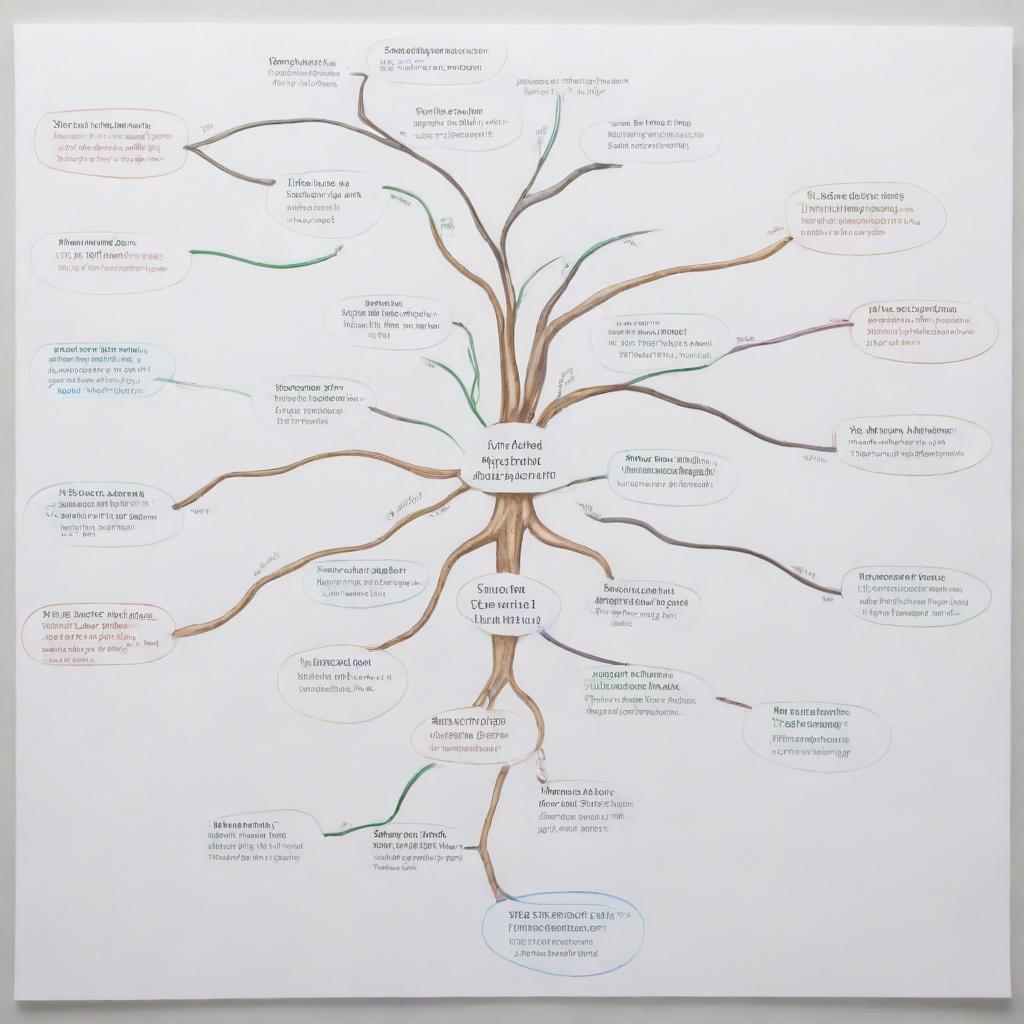 Illustrate the process of identifying possible outcomes in decision-making. Present a mind map with branching paths, each ending with a different outcome, showcasing the complexity and variability of decision branches.