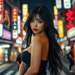 A seductive Japanese woman with long, flowing black hair, dressed in stylish, form-fitting attire that enhances her figure