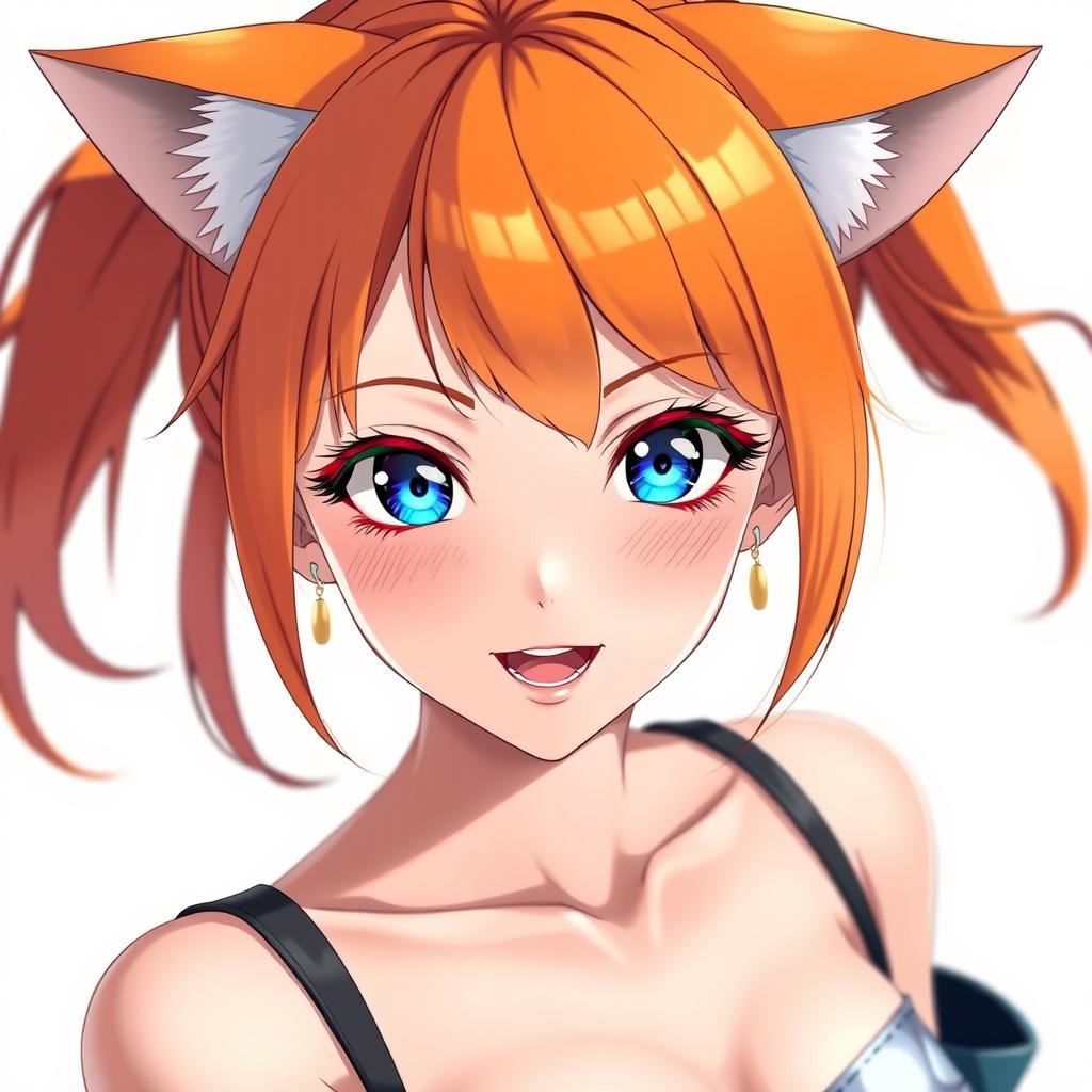 A sexy adult anime girl with captivating blue eyes and bright orange hair, sporting adorable cat ears