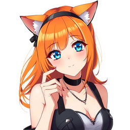 A sexy adult anime girl with captivating blue eyes and bright orange hair, sporting adorable cat ears