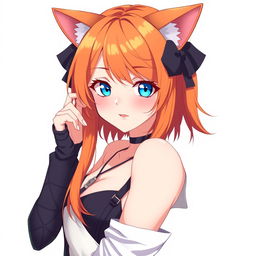 A sexy adult anime girl with captivating blue eyes and bright orange hair, sporting adorable cat ears