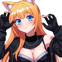 A sexy adult anime girl with captivating blue eyes and bright orange hair, sporting adorable cat ears