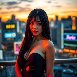 An alluring Japanese woman with long, straight black hair, styled elegantly, wearing a chic and revealing dress that emphasizes her sexy silhouette