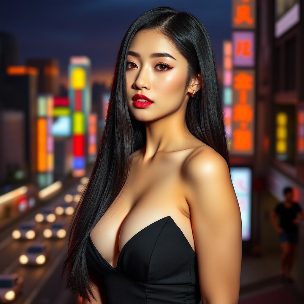 An alluring Japanese woman with long, straight black hair, styled elegantly, wearing a chic and revealing dress that emphasizes her sexy silhouette