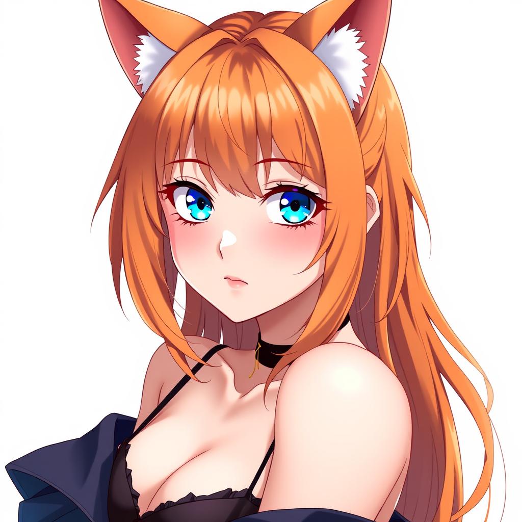 A sexy adult anime girl with mesmerizing blue eyes and striking orange hair, complemented by playful cat ears