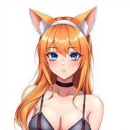 A sexy adult anime girl with mesmerizing blue eyes and striking orange hair, complemented by playful cat ears