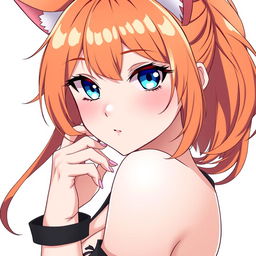 A sexy adult anime girl with mesmerizing blue eyes and striking orange hair, complemented by playful cat ears