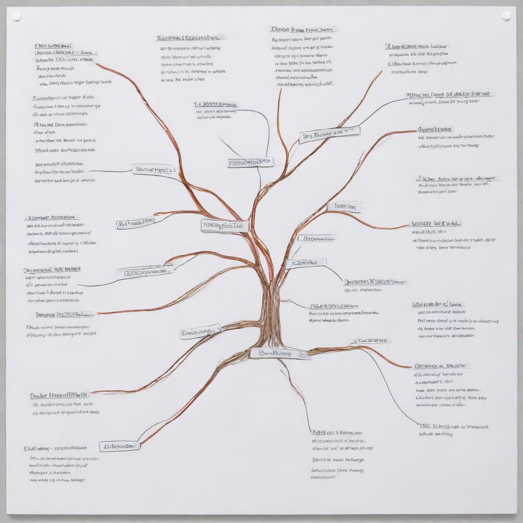 Illustrate the process of identifying possible outcomes in decision-making. Present a mind map with branching paths, each ending with a different outcome, showcasing the complexity and variability of decision branches.