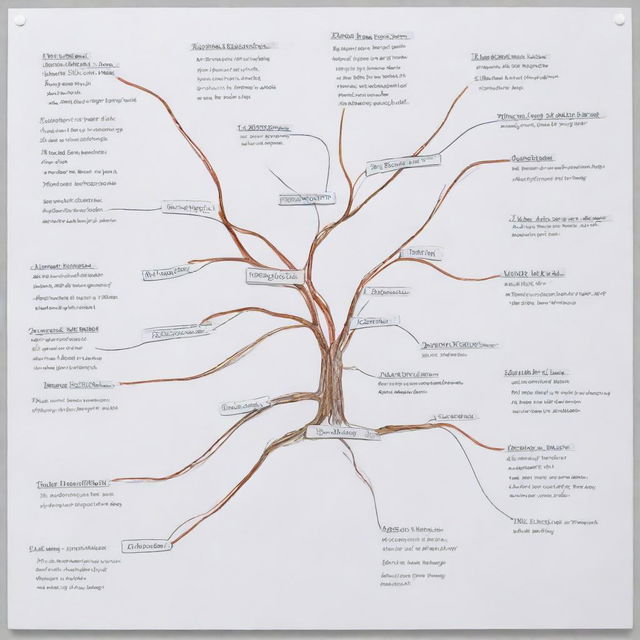 Illustrate the process of identifying possible outcomes in decision-making. Present a mind map with branching paths, each ending with a different outcome, showcasing the complexity and variability of decision branches.