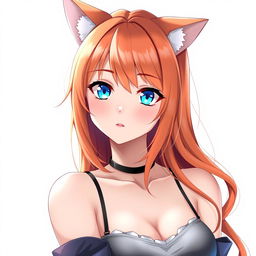 A sexy adult anime girl with mesmerizing blue eyes and striking orange hair, complemented by playful cat ears