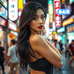 An enchanting Japanese woman with lustrous black hair cascading down her shoulders, dressed in a fashionable, sexy outfit that emphasizes her attractive figure