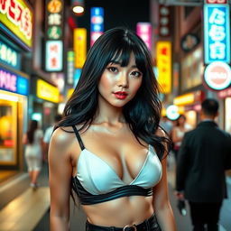 An enchanting Japanese woman with lustrous black hair cascading down her shoulders, dressed in a fashionable, sexy outfit that emphasizes her attractive figure