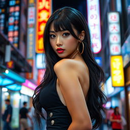 An enchanting Japanese woman with lustrous black hair cascading down her shoulders, dressed in a fashionable, sexy outfit that emphasizes her attractive figure