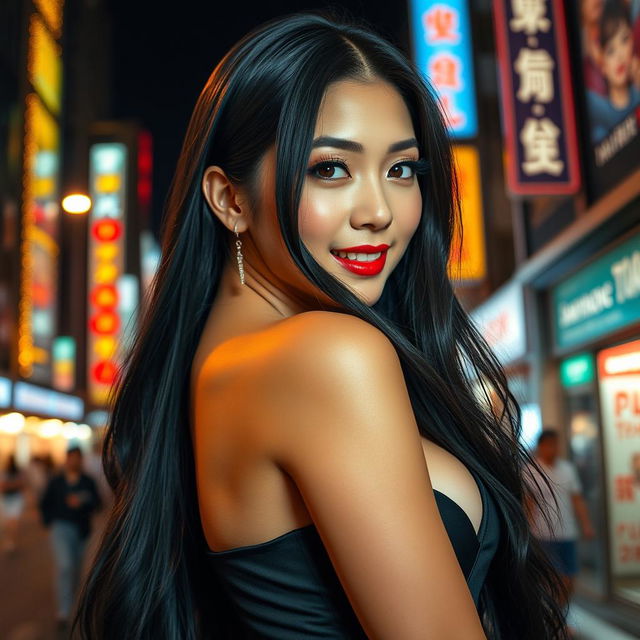 A captivating Japanese woman with long, silky black hair, elegantly styled to frame her face