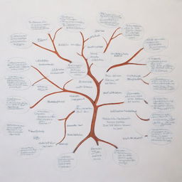 Illustrate the process of identifying possible outcomes in decision-making. Present a mind map with branching paths, each ending with a different outcome, showcasing the complexity and variability of decision branches.
