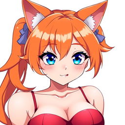 A sexy adult anime girl with large breasts, striking blue eyes, vibrant orange hair styled attractively, and cute cat ears