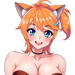 A sexy adult anime girl with large breasts, striking blue eyes, vibrant orange hair styled attractively, and cute cat ears