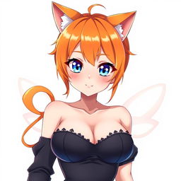 A sexy adult anime girl with large breasts, striking blue eyes, vibrant orange hair styled attractively, and cute cat ears