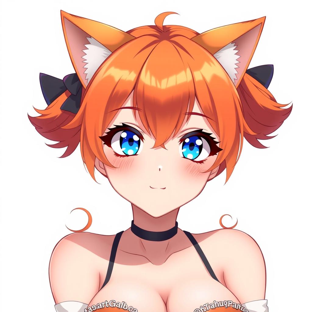 A sexy adult anime girl with large breasts, striking blue eyes, vibrant orange hair styled attractively, and cute cat ears