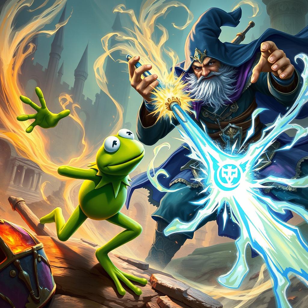 A dynamic and thrilling illustration depicting Kermit the Frog in an epic battle against Gale from Baldur's Gate 3