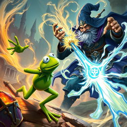 A dynamic and thrilling illustration depicting Kermit the Frog in an epic battle against Gale from Baldur's Gate 3