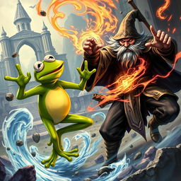 A dynamic and thrilling illustration depicting Kermit the Frog in an epic battle against Gale from Baldur's Gate 3