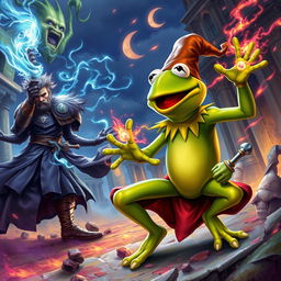 A dynamic and thrilling illustration depicting Kermit the Frog in an epic battle against Gale from Baldur's Gate 3