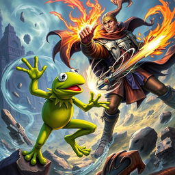 A dynamic and thrilling illustration depicting Kermit the Frog in an epic battle against Gale from Baldur's Gate 3