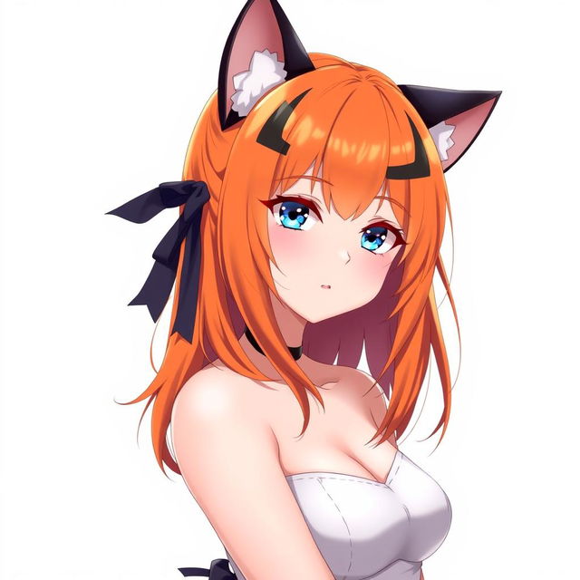 A sexy adult anime girl with vibrant orange hair featuring striking black streaks, complemented by captivating blue eyes and adorable cat ears