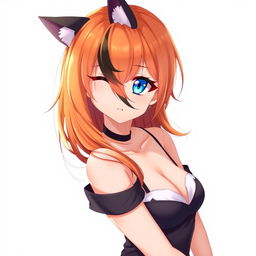 A sexy adult anime girl with vibrant orange hair featuring striking black streaks, complemented by captivating blue eyes and adorable cat ears