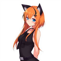 A sexy adult anime girl with vibrant orange hair featuring striking black streaks, complemented by captivating blue eyes and adorable cat ears