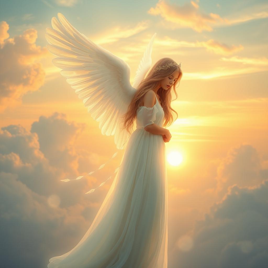 A serene celestial scene featuring a beautiful angel girl with long flowing hair and an ethereal glow, standing gracefully