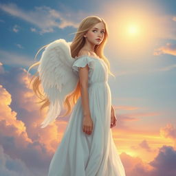 A serene celestial scene featuring a beautiful angel girl with long flowing hair and an ethereal glow, standing gracefully