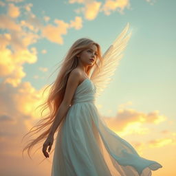 A serene celestial scene featuring a beautiful angel girl with long flowing hair and an ethereal glow, standing gracefully