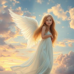 A serene celestial scene featuring a beautiful angel girl with long flowing hair and an ethereal glow, standing gracefully