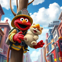 Elmo, the beloved red furry character from Sesame Street, depicted as a brave firefighter clad in a traditional firefighter uniform, complete with a helmet and fire-resistant gear