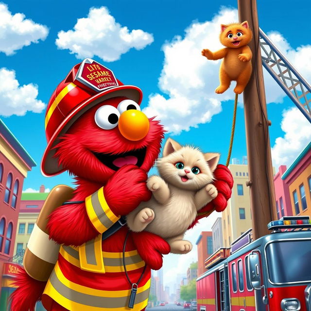 Elmo, the beloved red furry character from Sesame Street, depicted as a brave firefighter clad in a traditional firefighter uniform, complete with a helmet and fire-resistant gear