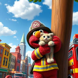 Elmo, the beloved red furry character from Sesame Street, depicted as a brave firefighter clad in a traditional firefighter uniform, complete with a helmet and fire-resistant gear