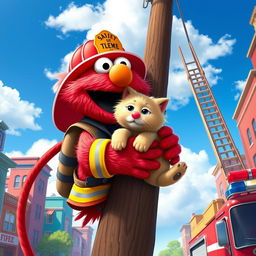 Elmo, the beloved red furry character from Sesame Street, depicted as a brave firefighter clad in a traditional firefighter uniform, complete with a helmet and fire-resistant gear