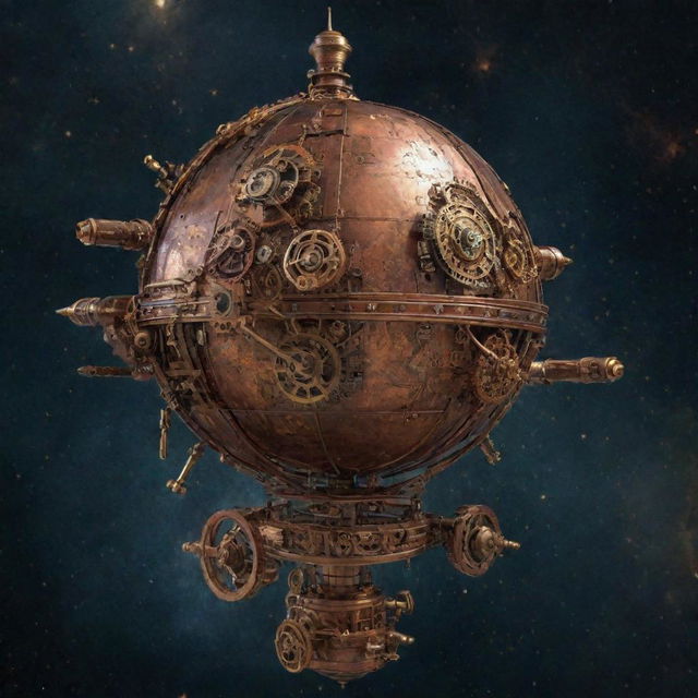 An image of a steampunk satellite, adorned with brass and copper gears, pipes and Victorian-style embellishments. It stands against the backdrop of the starry space, accentuating the retro-futuristic juxtaposition.