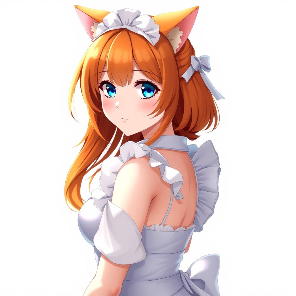 A sexy adult anime girl in a stylish maid costume, featuring alluring blue eyes and vibrant orange hair, complemented by cute cat ears