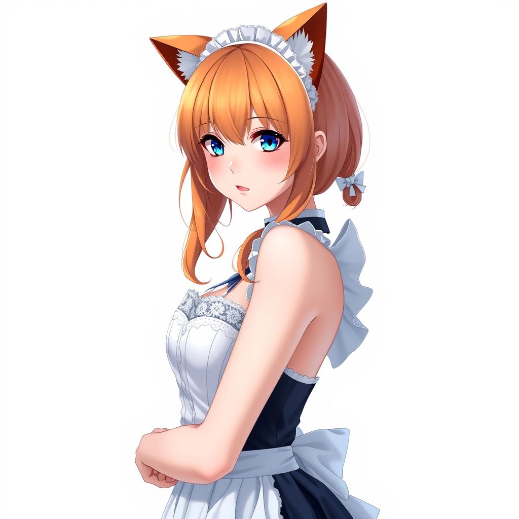 A sexy adult anime girl in a stylish maid costume, featuring alluring blue eyes and vibrant orange hair, complemented by cute cat ears