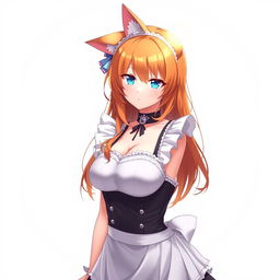 A sexy adult anime girl in a stylish maid costume, featuring alluring blue eyes and vibrant orange hair, complemented by cute cat ears